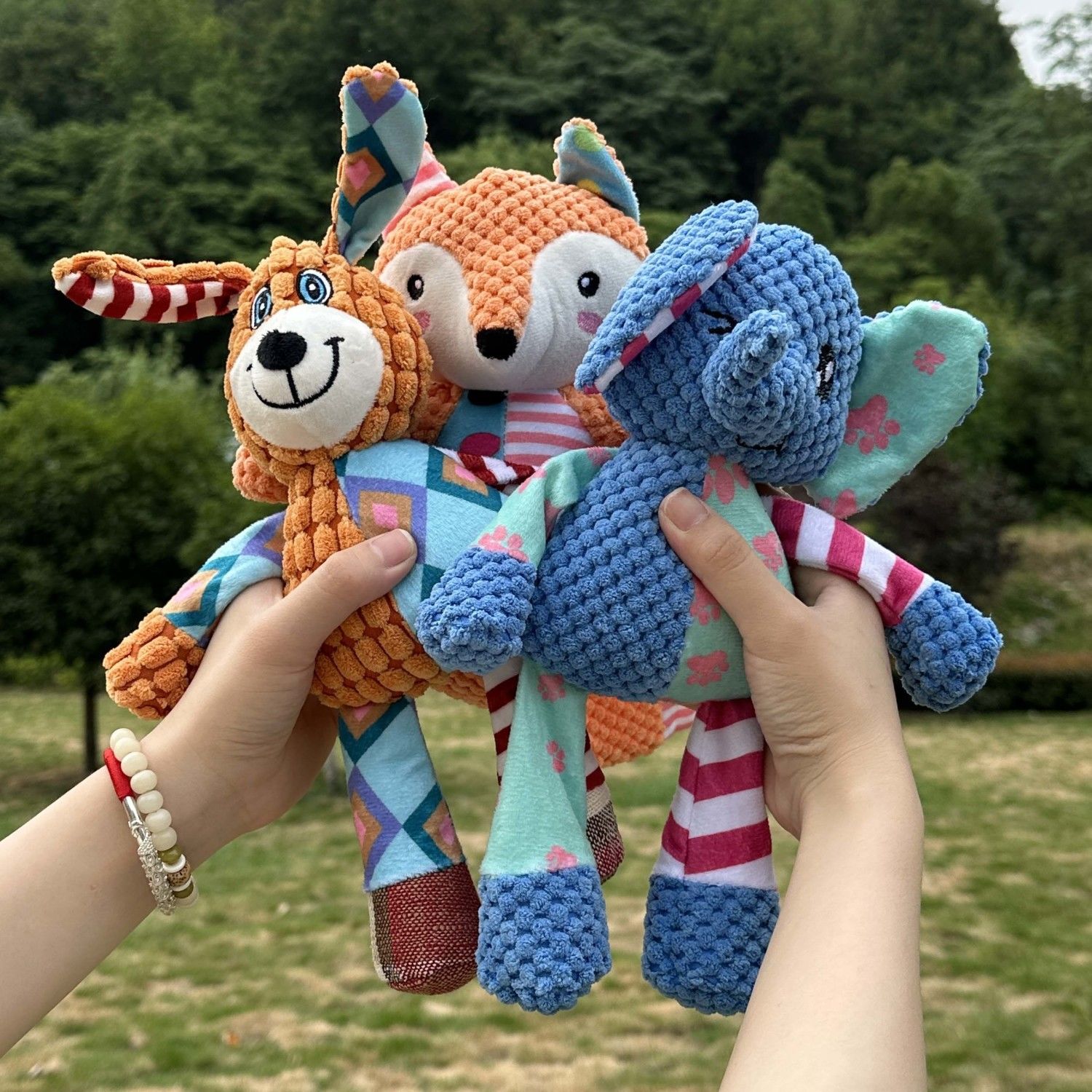 Interactive Squeaky Plush Dog Toy - Cartoon Colorful Patchwork Plush Dog Toy