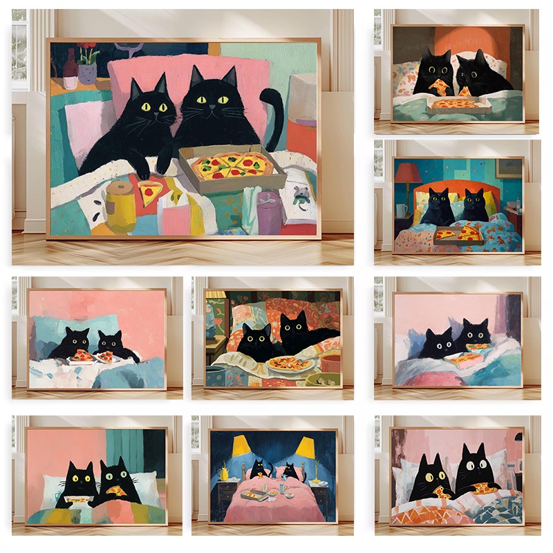 Two Black Cats Eating Pizza in - Pet Beds 评论和价格